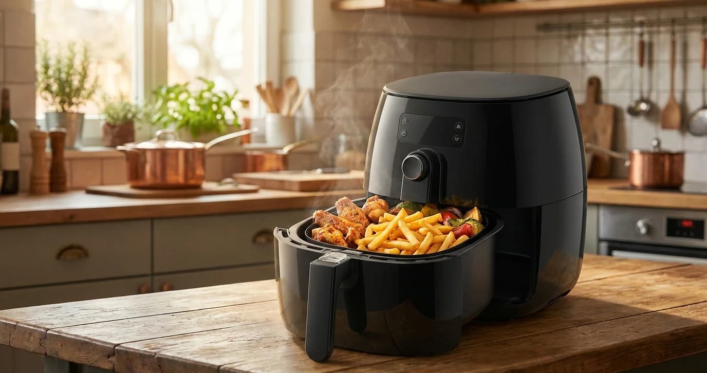 Airfryer auf einer Küchenarbeitsplatte – Größenvergleich verschiedener Modelle